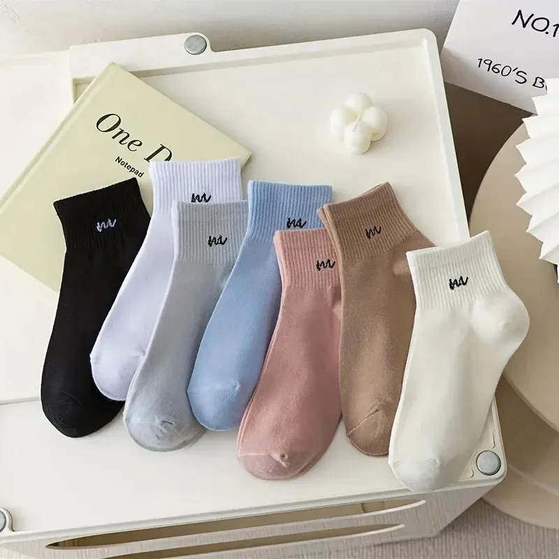 5-Pairs Letter Print Cotton Ankle Socks Comfy & Breathable Sports Short Socks Women's Soft & Comfy Short Socks