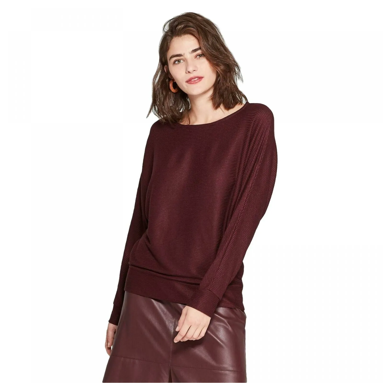 A New Day Women's Casual Fit Dolman Long Sleeve Boat Neck Rib Knit T-Shirt