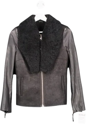 All Saints Black Suede Jacket With Leather Sleeve, Wool Collar UK 4