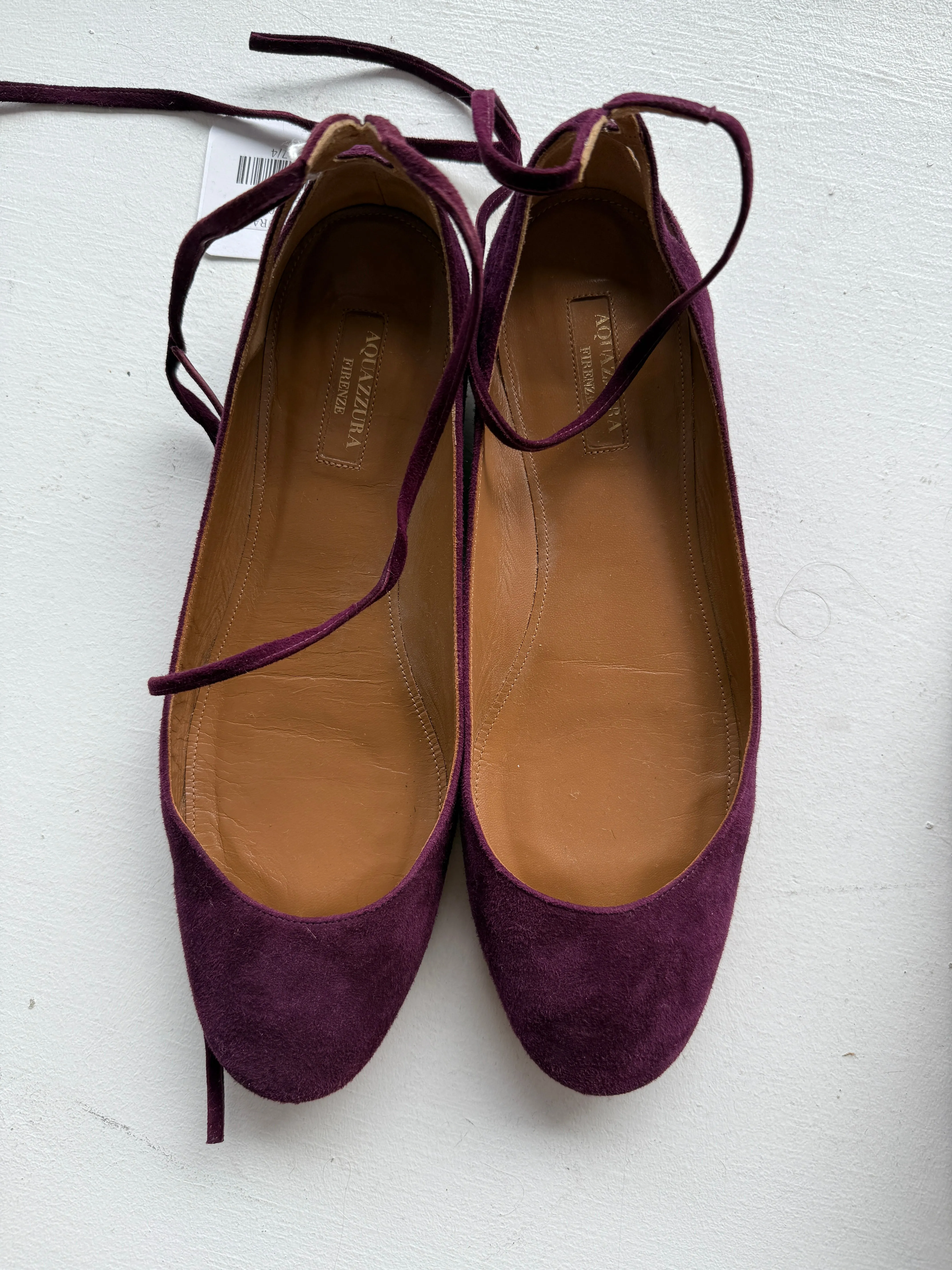 AQUAZZURA	Plum suede ballet flats with lace up straps 40