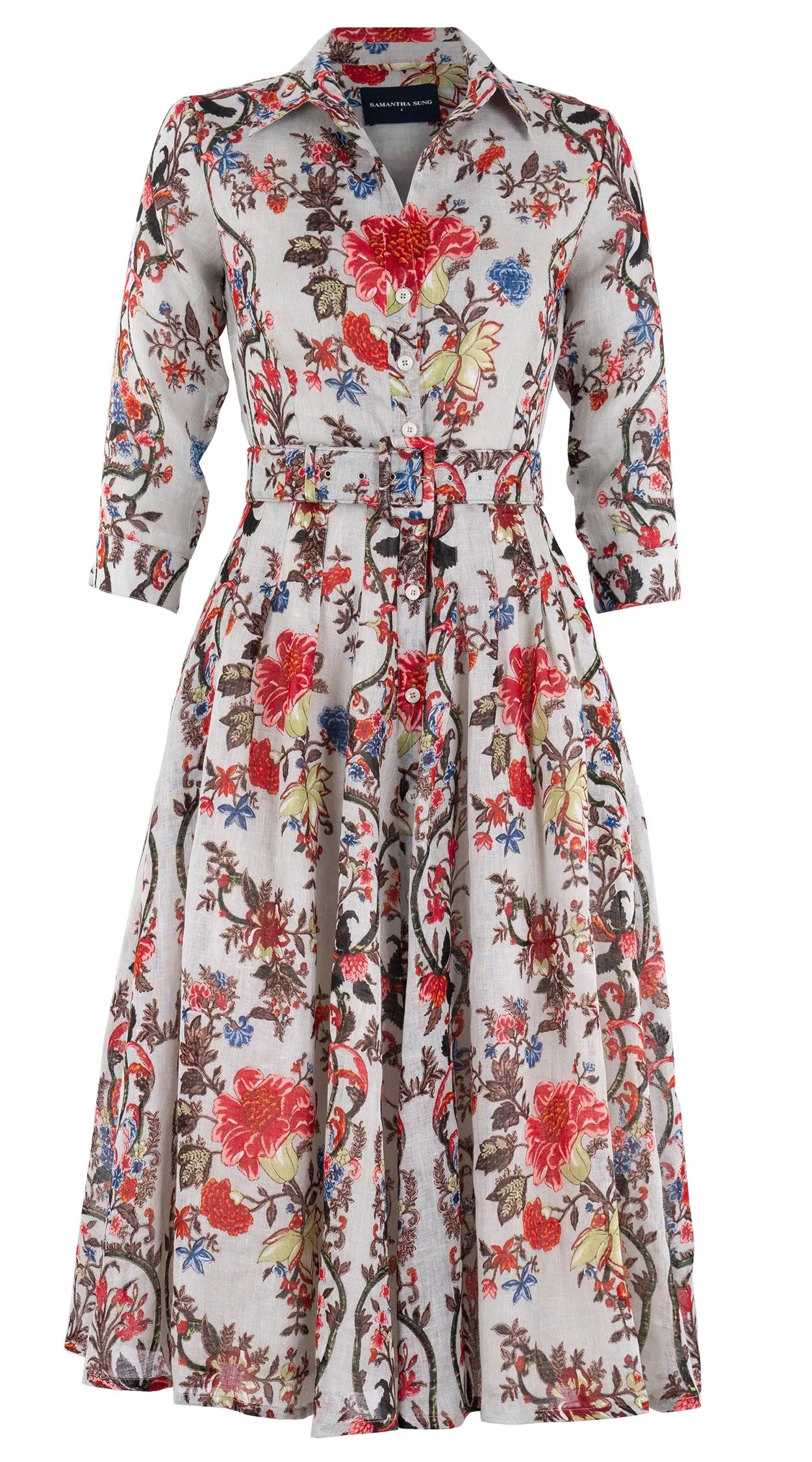 Audrey Dress #3 Shirt Collar 3/4 Sleeve Midi Length Linen (Chinese Panel)