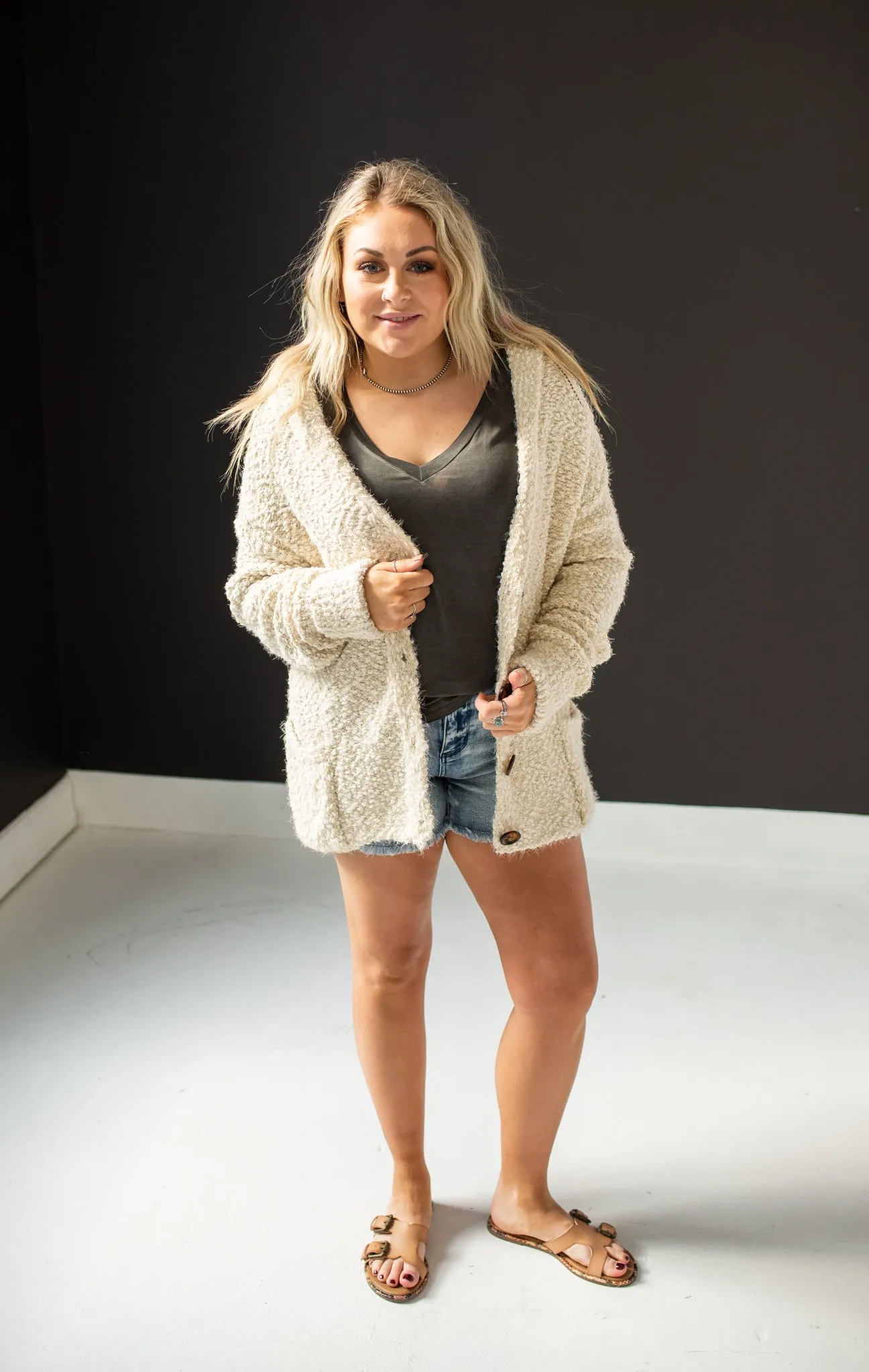 Beige Cozy   Fuzzy Button Front Sweater