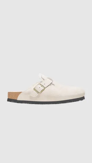 Birkenstock Boston Shearling in Antique White Suede (Narrow)