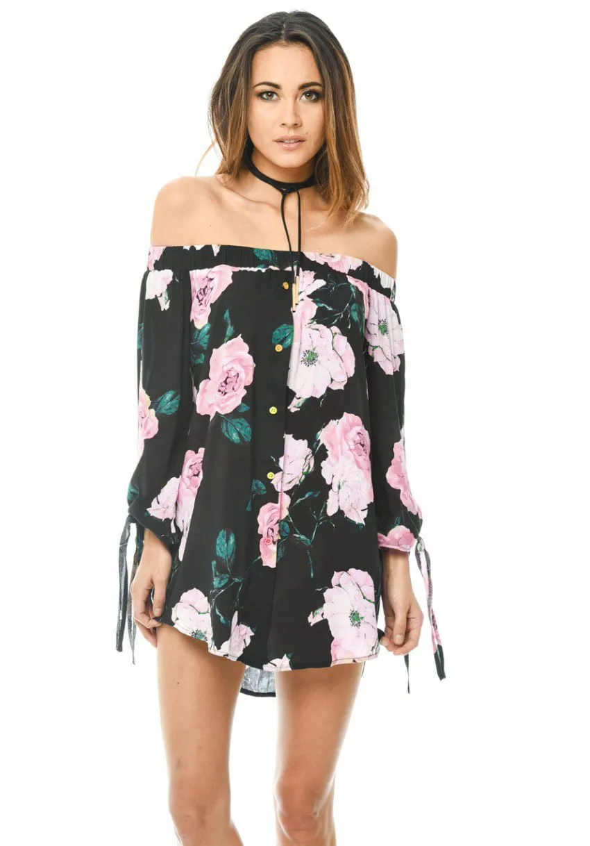 Black Off Shoulder Floral Dress