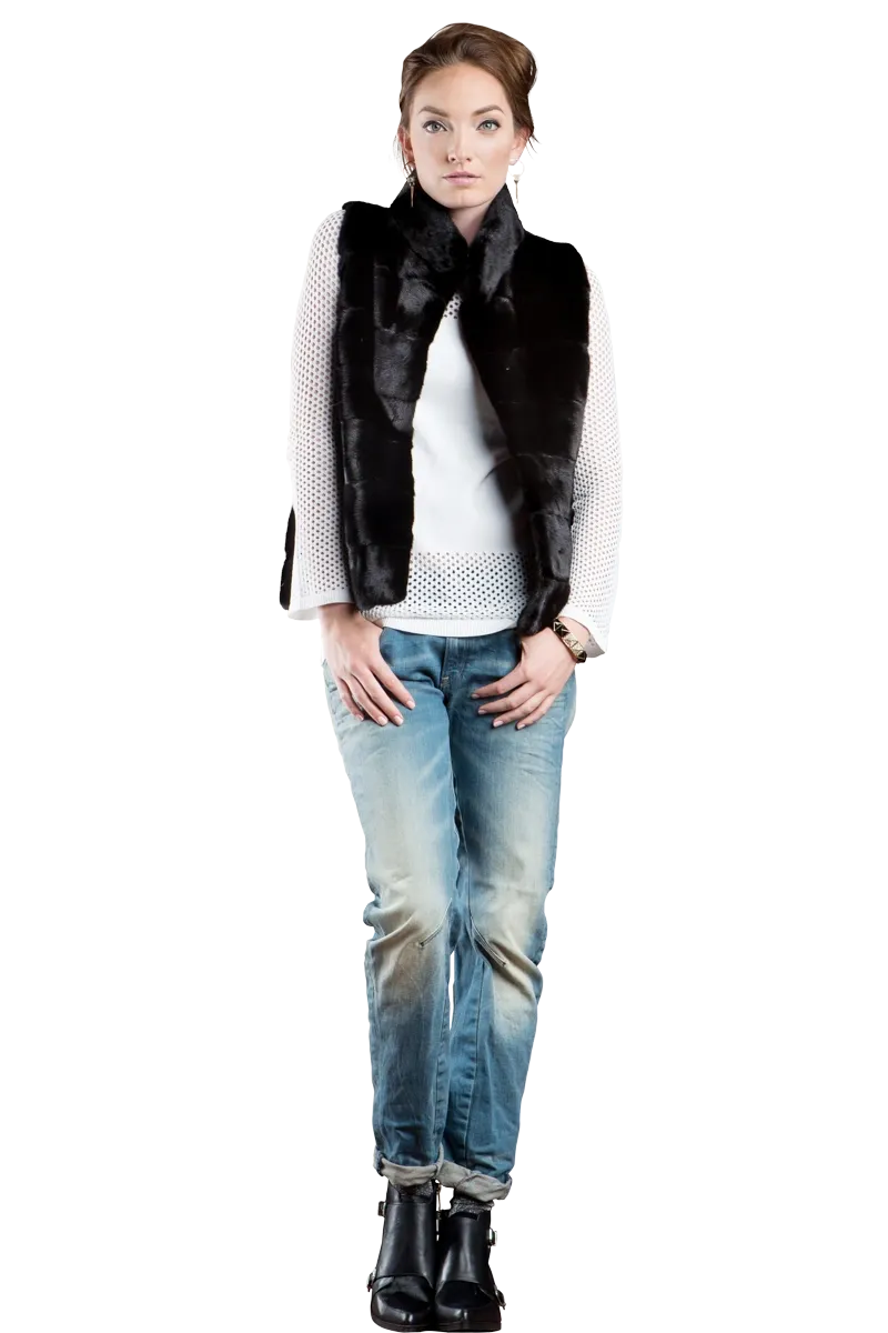 Blackglama Horizontal Mink Fur Vest - Stand-Up Collar