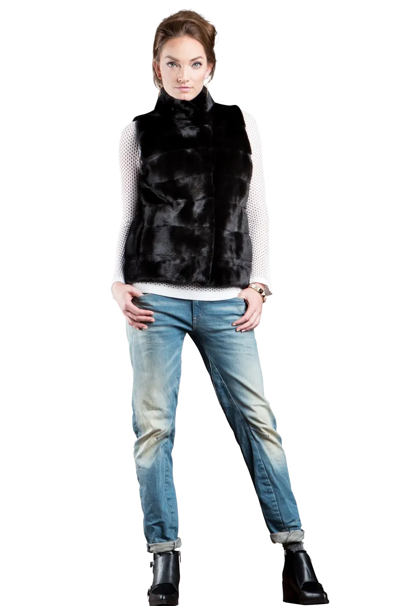 Blackglama Horizontal Mink Fur Vest - Stand-Up Collar