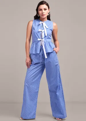 Blue & White Stripe Bow Detail top And Pants Set