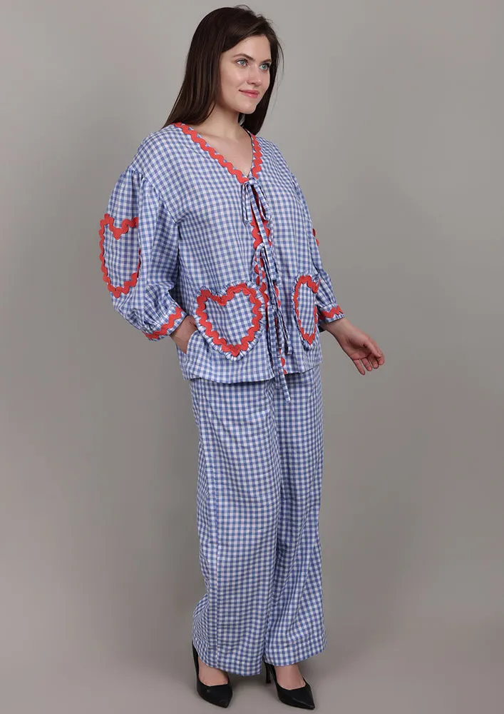 Blue Check Heart Pocket Co-ord Set