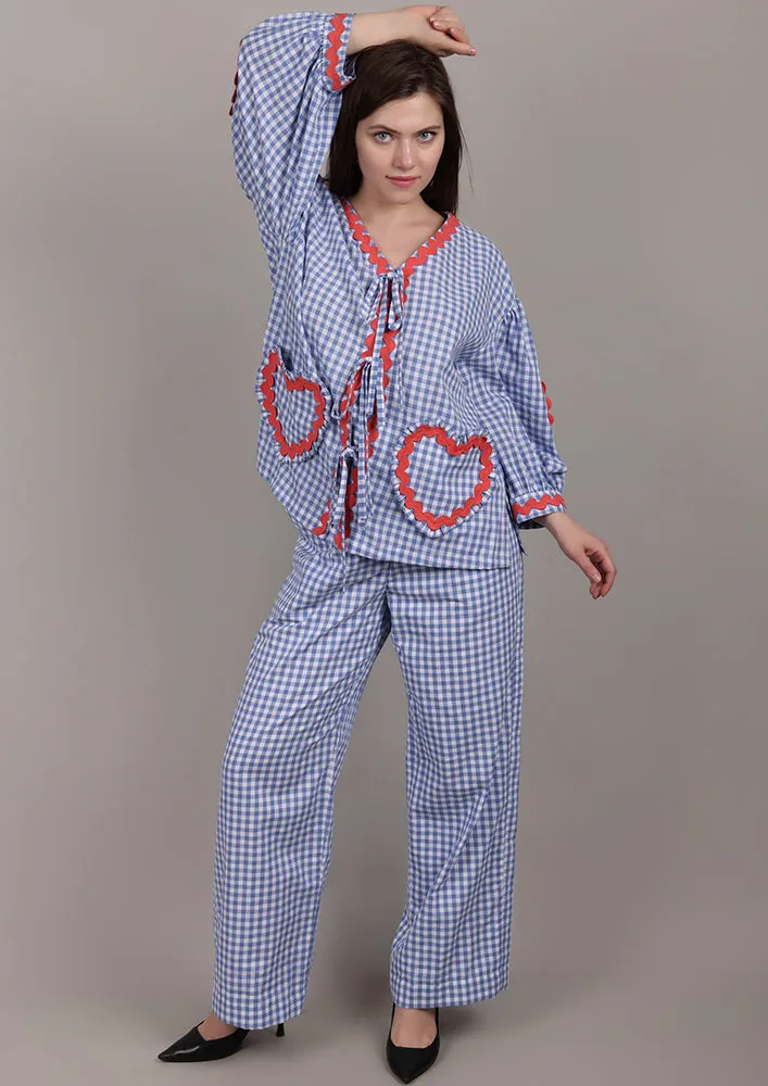 Blue Check Heart Pocket Co-ord Set