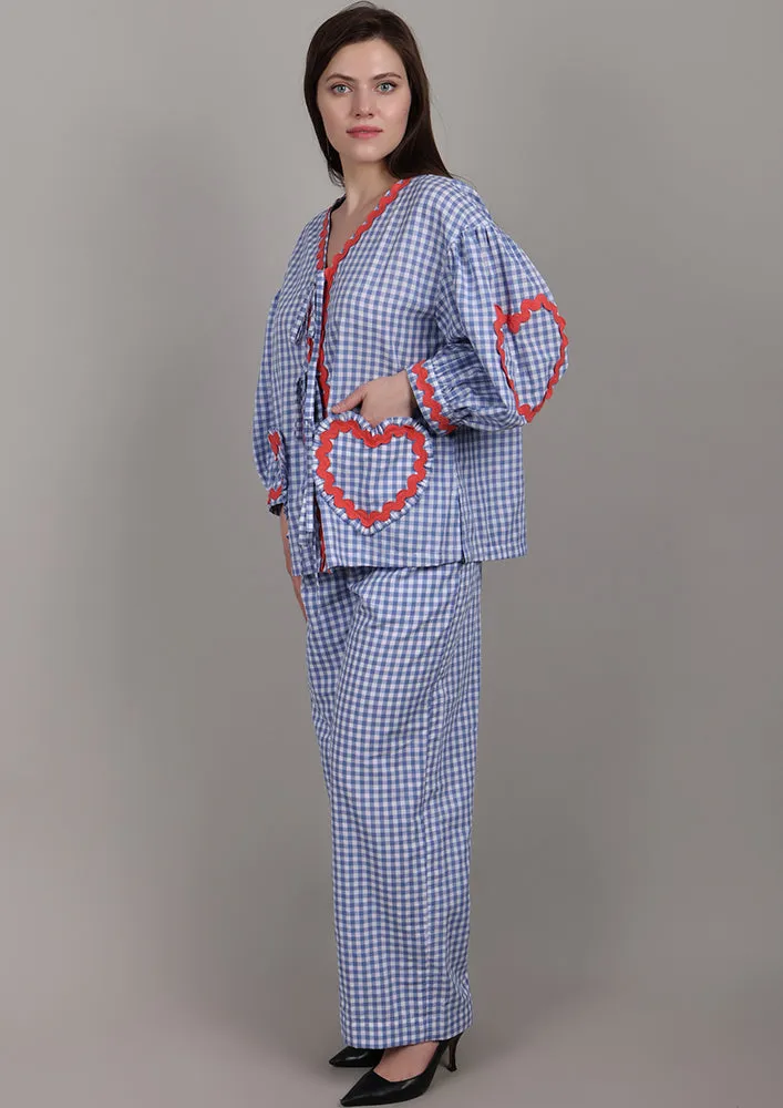 Blue Check Heart Pocket Co-ord Set
