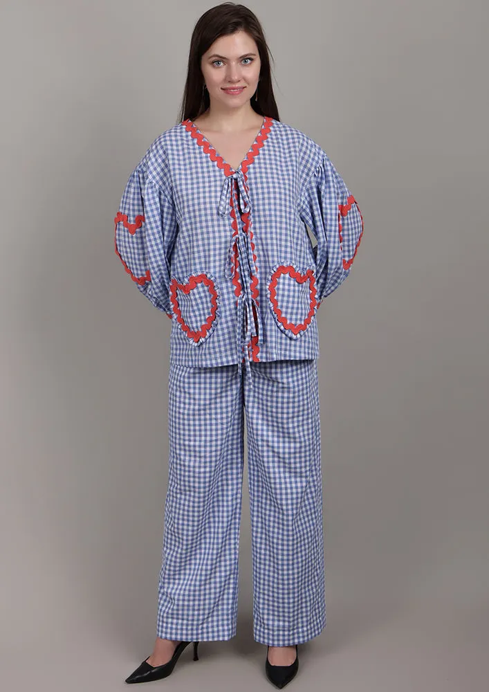 Blue Check Heart Pocket Co-ord Set
