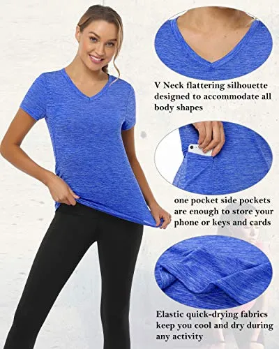 CHICHO V Neck Pocket T-Shirts Women, Outwear Sweat-Wicking Stretch Short Sleeve Teen Shirt Loose Fit Quick Dry Absorb Sweat Working Out Sport Top Blue XXLarge