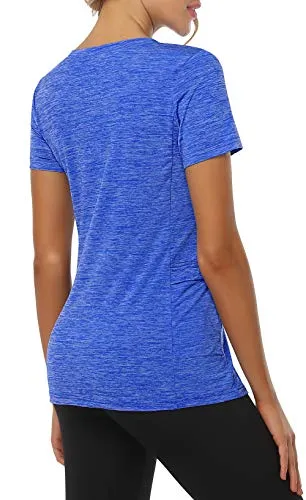 CHICHO V Neck Pocket T-Shirts Women, Outwear Sweat-Wicking Stretch Short Sleeve Teen Shirt Loose Fit Quick Dry Absorb Sweat Working Out Sport Top Blue XXLarge