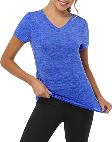 CHICHO V Neck Pocket T-Shirts Women, Outwear Sweat-Wicking Stretch Short Sleeve Teen Shirt Loose Fit Quick Dry Absorb Sweat Working Out Sport Top Blue XXLarge