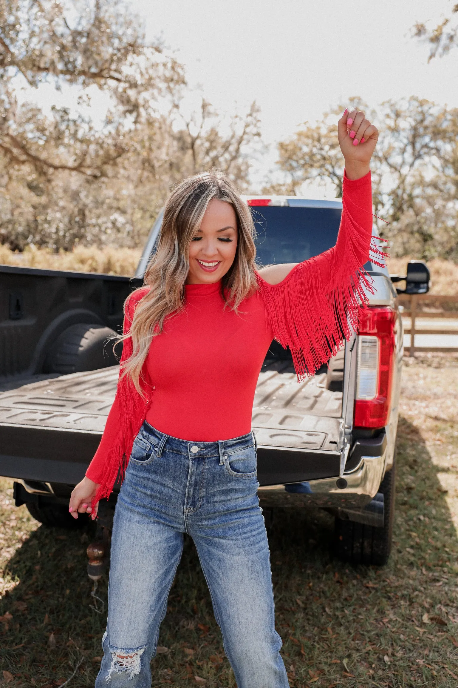 Codi Cold Shoulder Fringe Bodysuit - Red