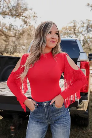 Codi Cold Shoulder Fringe Bodysuit - Red