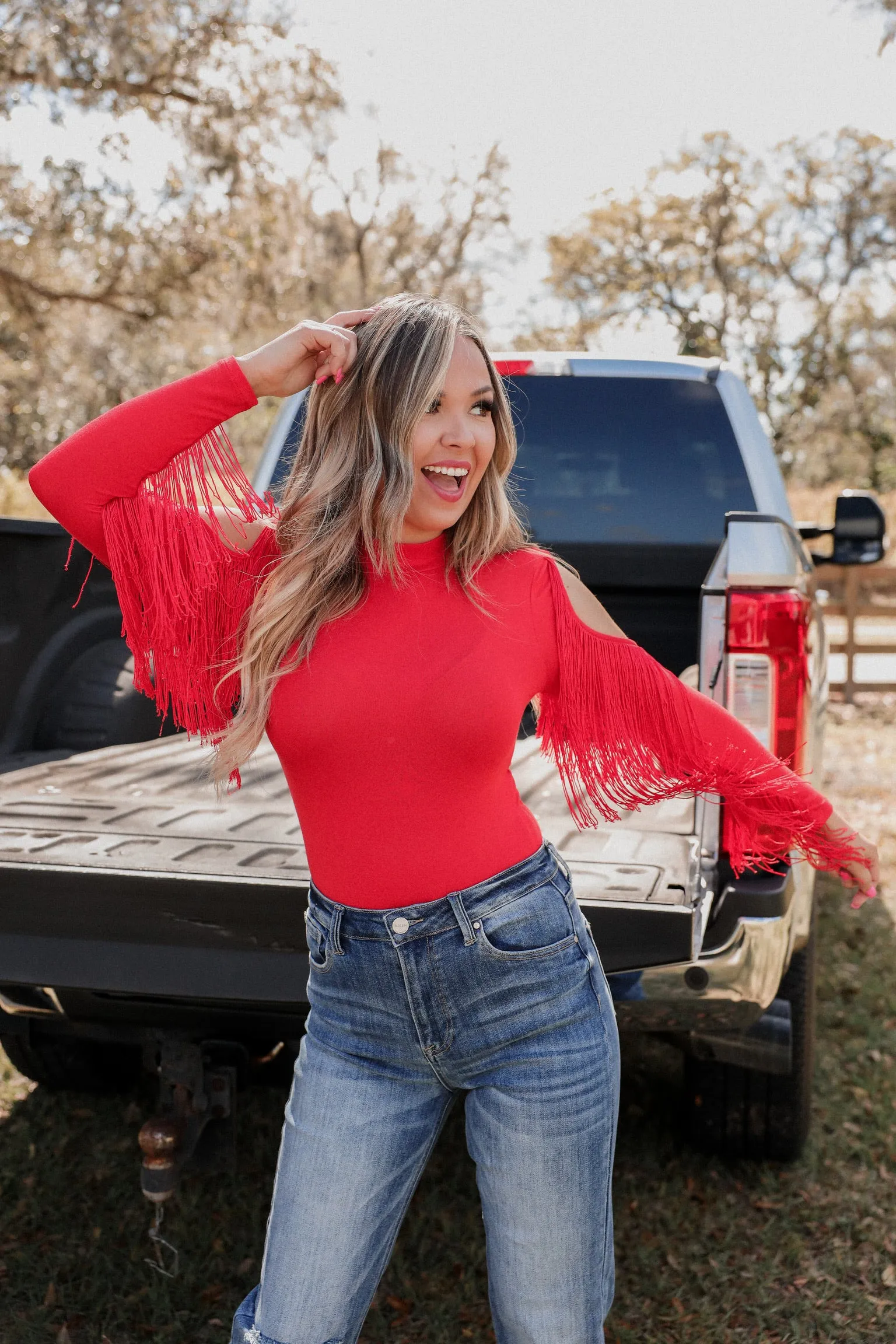 Codi Cold Shoulder Fringe Bodysuit - Red