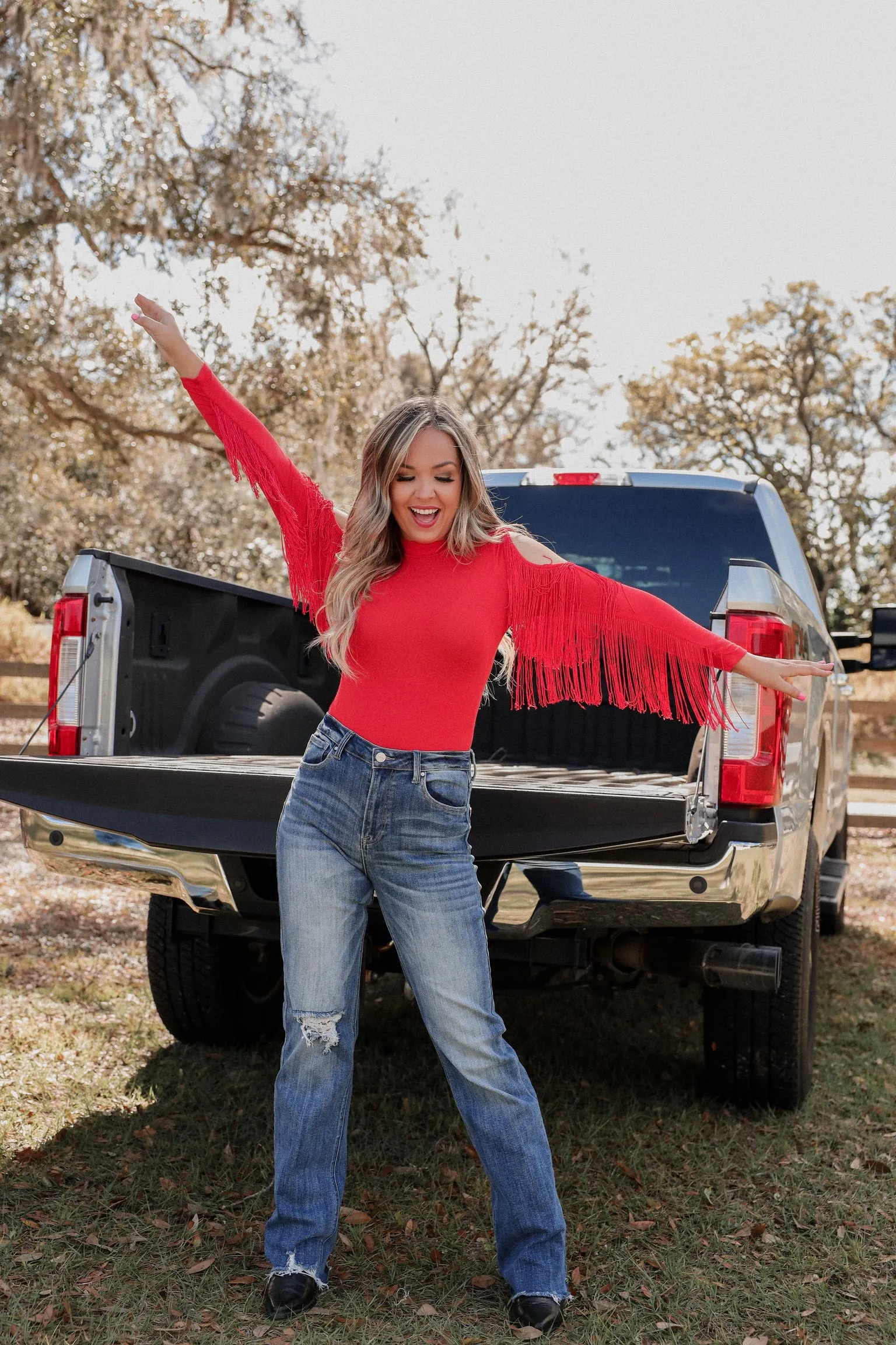Codi Cold Shoulder Fringe Bodysuit - Red