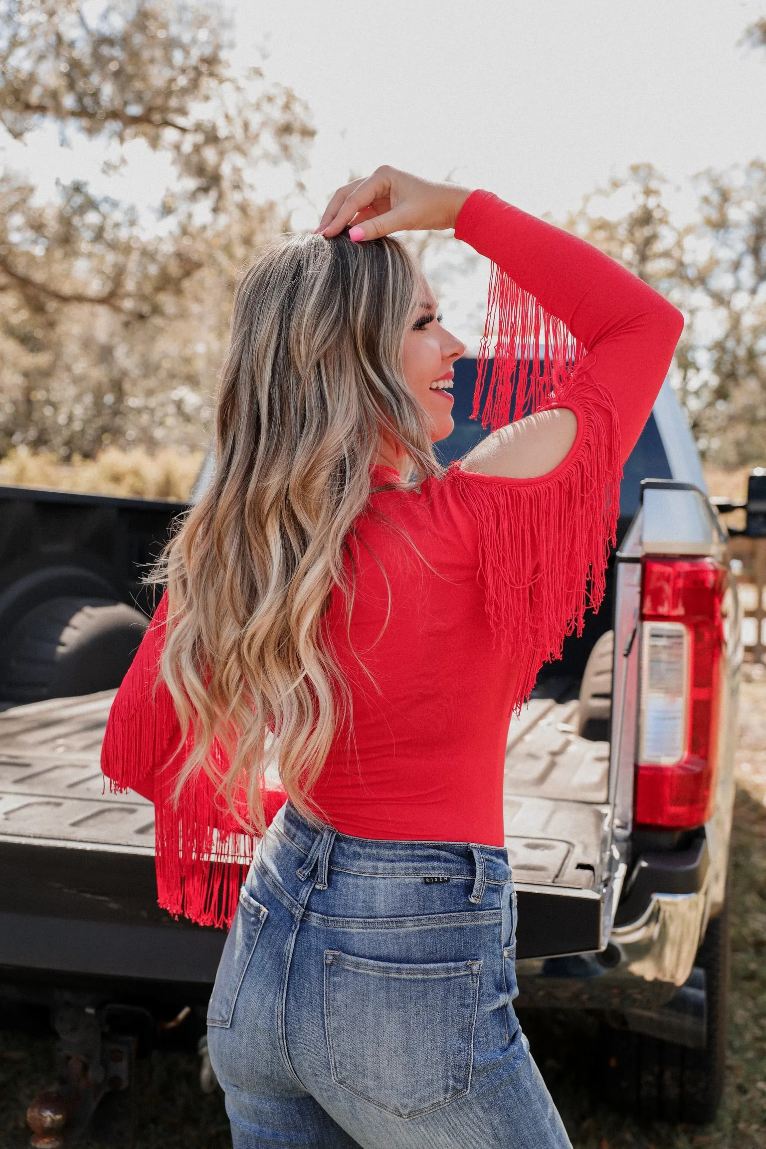 Codi Cold Shoulder Fringe Bodysuit - Red