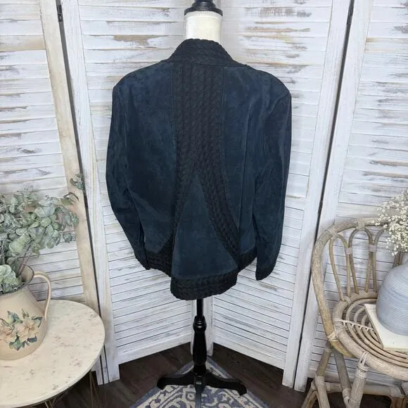 COLDWATER CREEK VINTAGE Women's XL Suede Leather Crochet Knit Trim Jacket Black