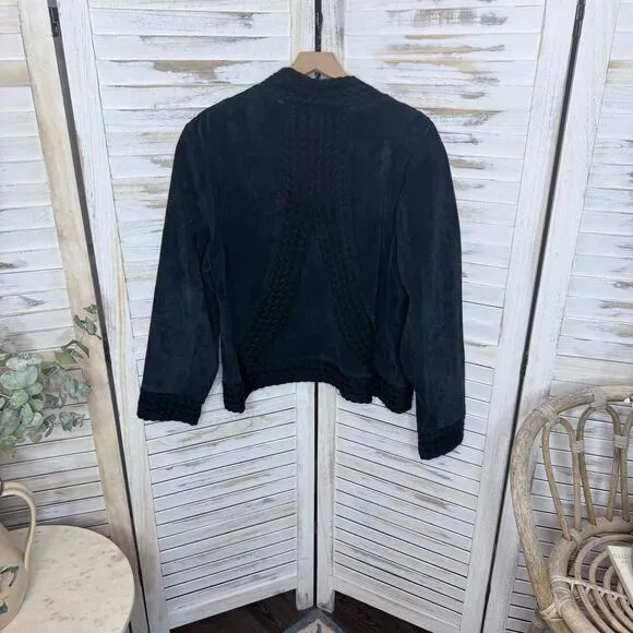 COLDWATER CREEK VINTAGE Women's XL Suede Leather Crochet Knit Trim Jacket Black