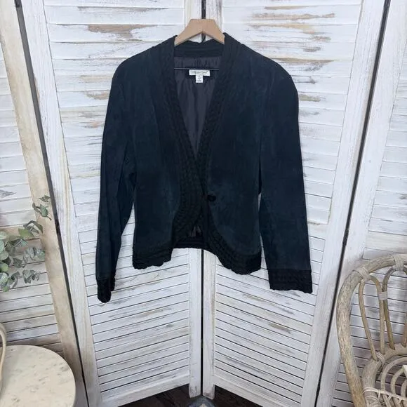 COLDWATER CREEK VINTAGE Women's XL Suede Leather Crochet Knit Trim Jacket Black