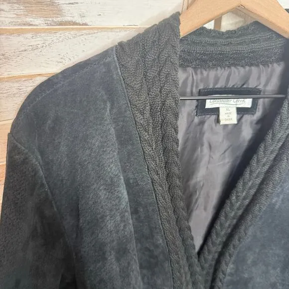 COLDWATER CREEK VINTAGE Women's XL Suede Leather Crochet Knit Trim Jacket Black