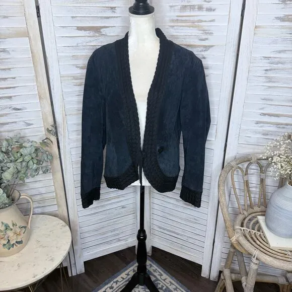 COLDWATER CREEK VINTAGE Women's XL Suede Leather Crochet Knit Trim Jacket Black