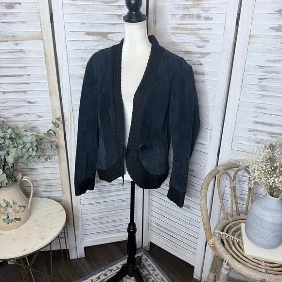 COLDWATER CREEK VINTAGE Women's XL Suede Leather Crochet Knit Trim Jacket Black