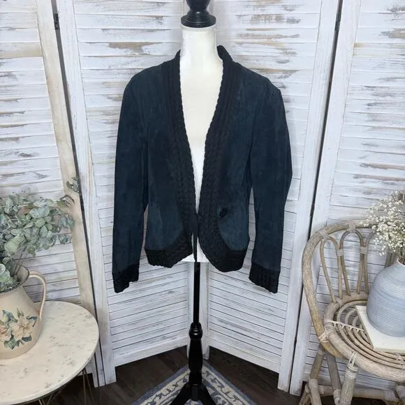 COLDWATER CREEK VINTAGE Women's XL Suede Leather Crochet Knit Trim Jacket Black