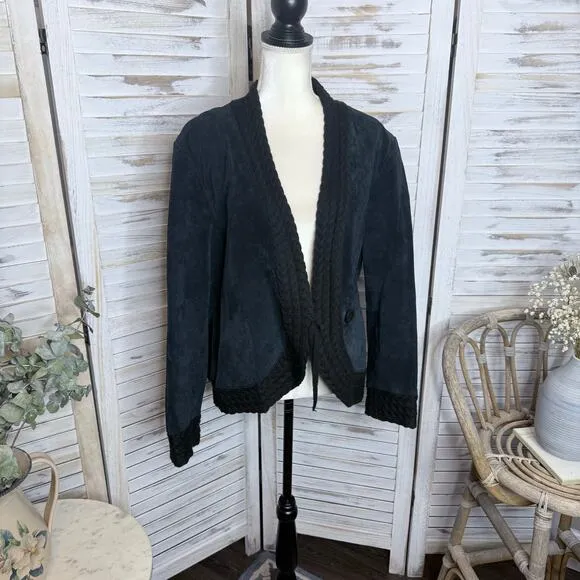COLDWATER CREEK VINTAGE Women's XL Suede Leather Crochet Knit Trim Jacket Black