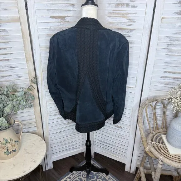 COLDWATER CREEK VINTAGE Women's XL Suede Leather Crochet Knit Trim Jacket Black
