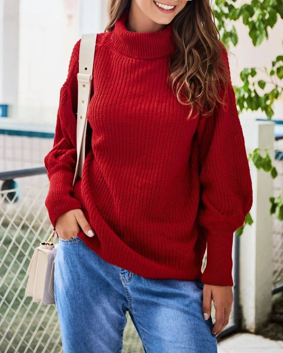 Conway Oversized Knit Turtleneck Sweater - Red