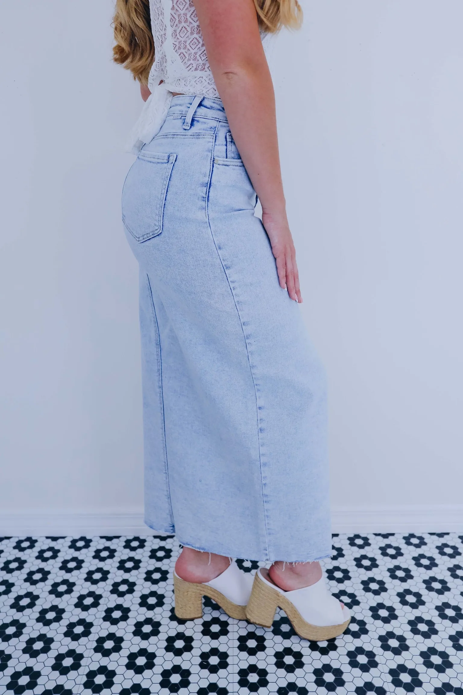 Covina Crossover Denim Maxi Skirt