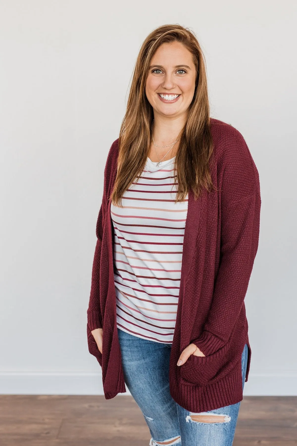 Cozy As Can Be Long Knitted Cardigan- Burgundy