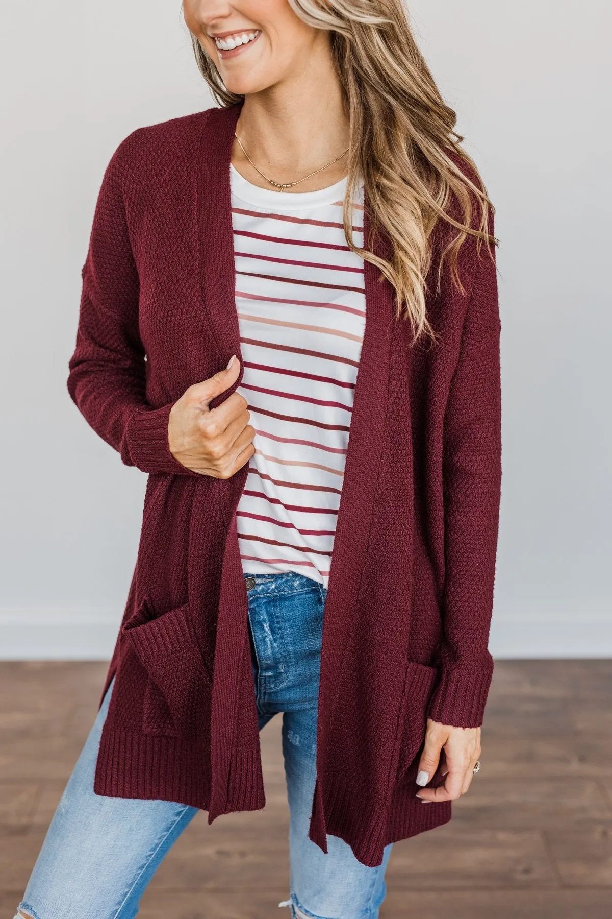 Cozy As Can Be Long Knitted Cardigan- Burgundy