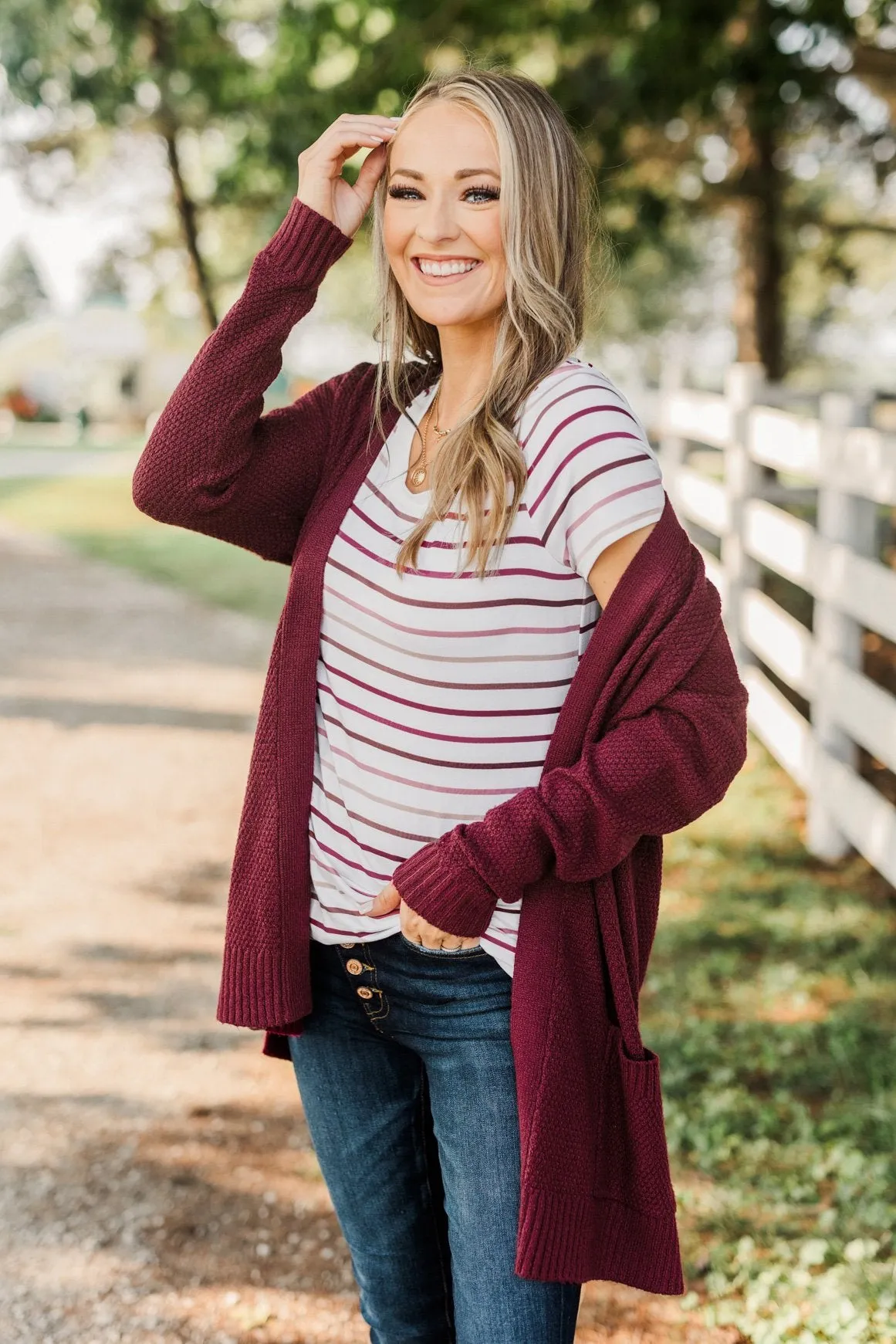 Cozy As Can Be Long Knitted Cardigan- Burgundy