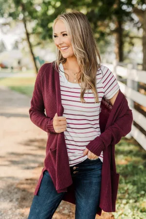 Cozy As Can Be Long Knitted Cardigan- Burgundy