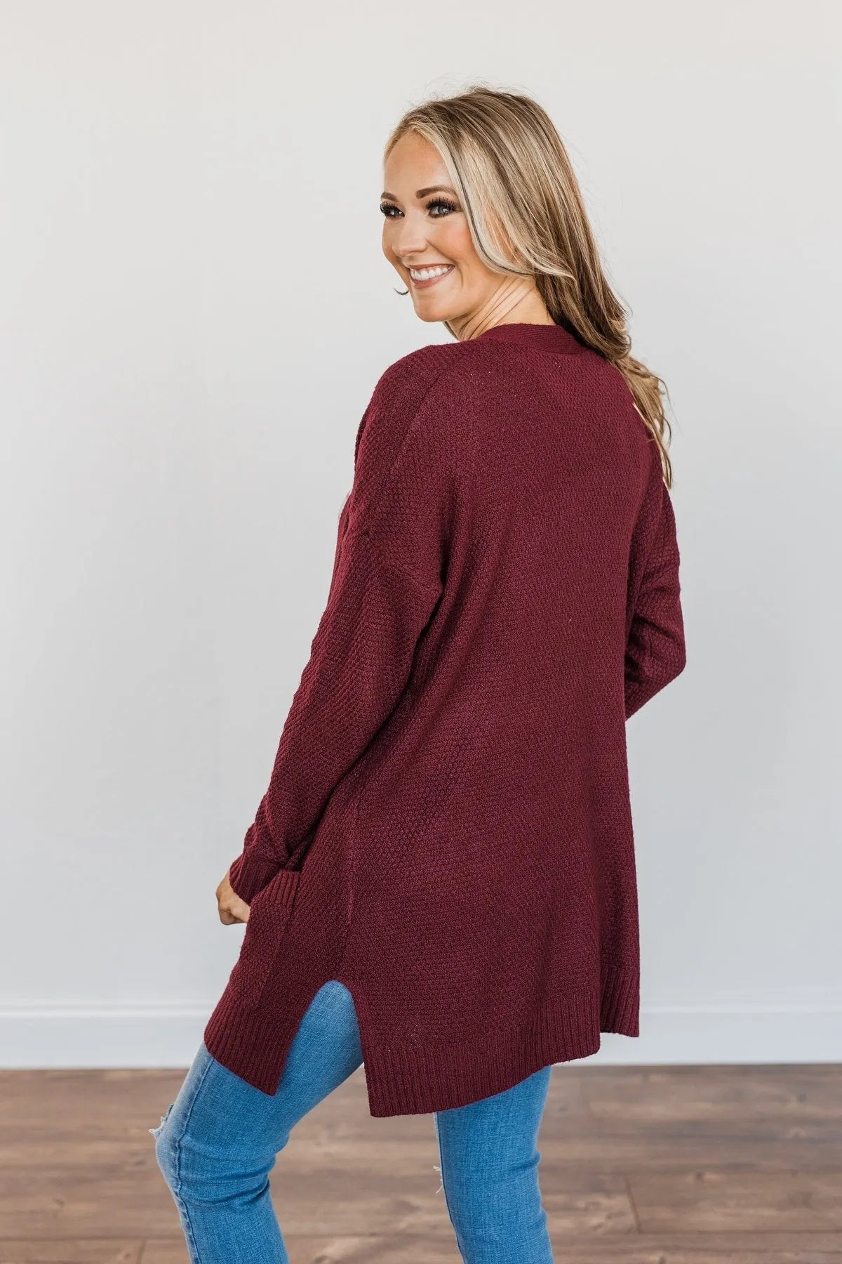Cozy As Can Be Long Knitted Cardigan- Burgundy