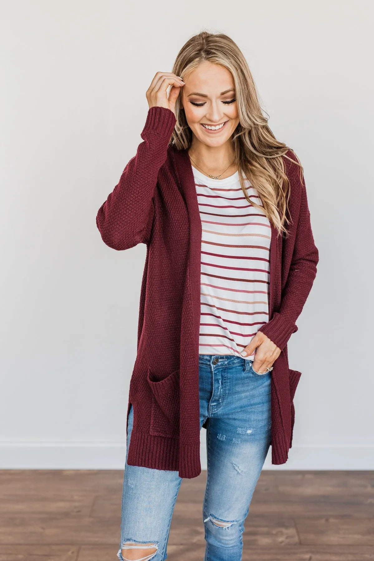 Cozy As Can Be Long Knitted Cardigan- Burgundy