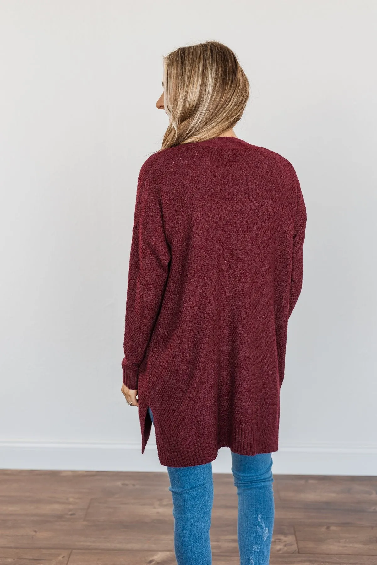 Cozy As Can Be Long Knitted Cardigan- Burgundy