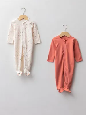 Crew Neck Long Sleeve Baby Girl Jumpsuit 2-pack