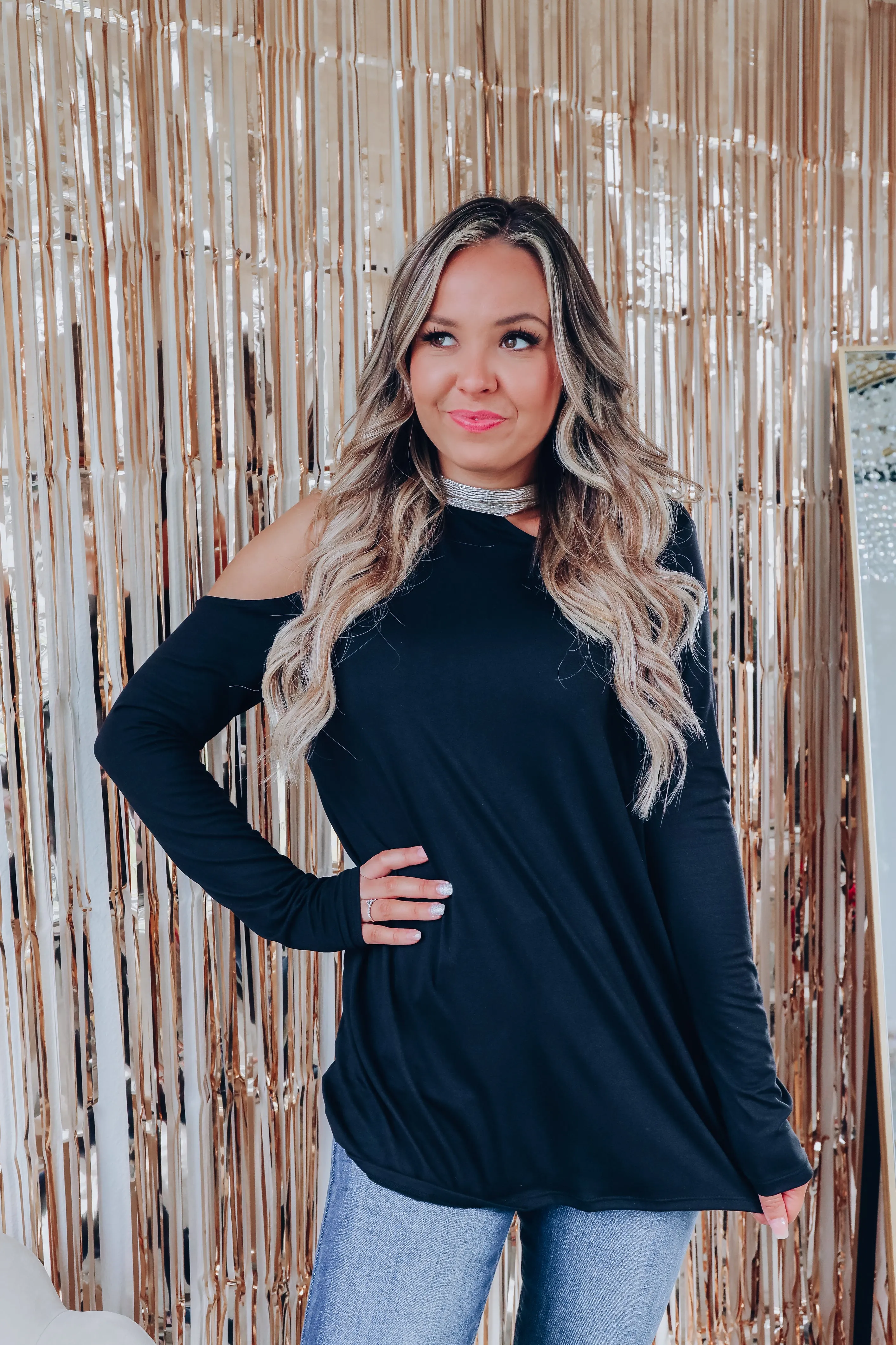 Crinkle Shimmer Neck Cold Shoulder Top - Black