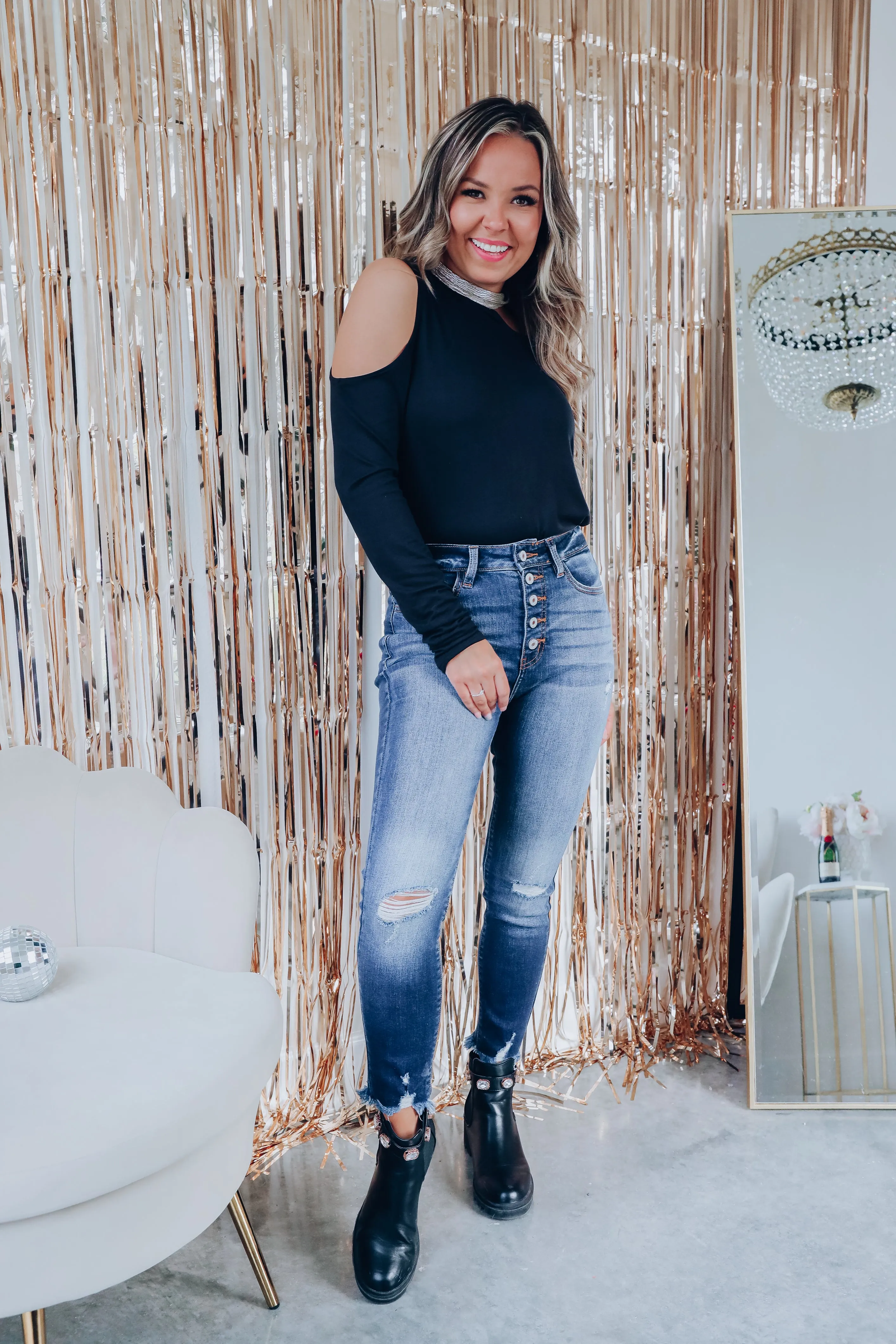 Crinkle Shimmer Neck Cold Shoulder Top - Black