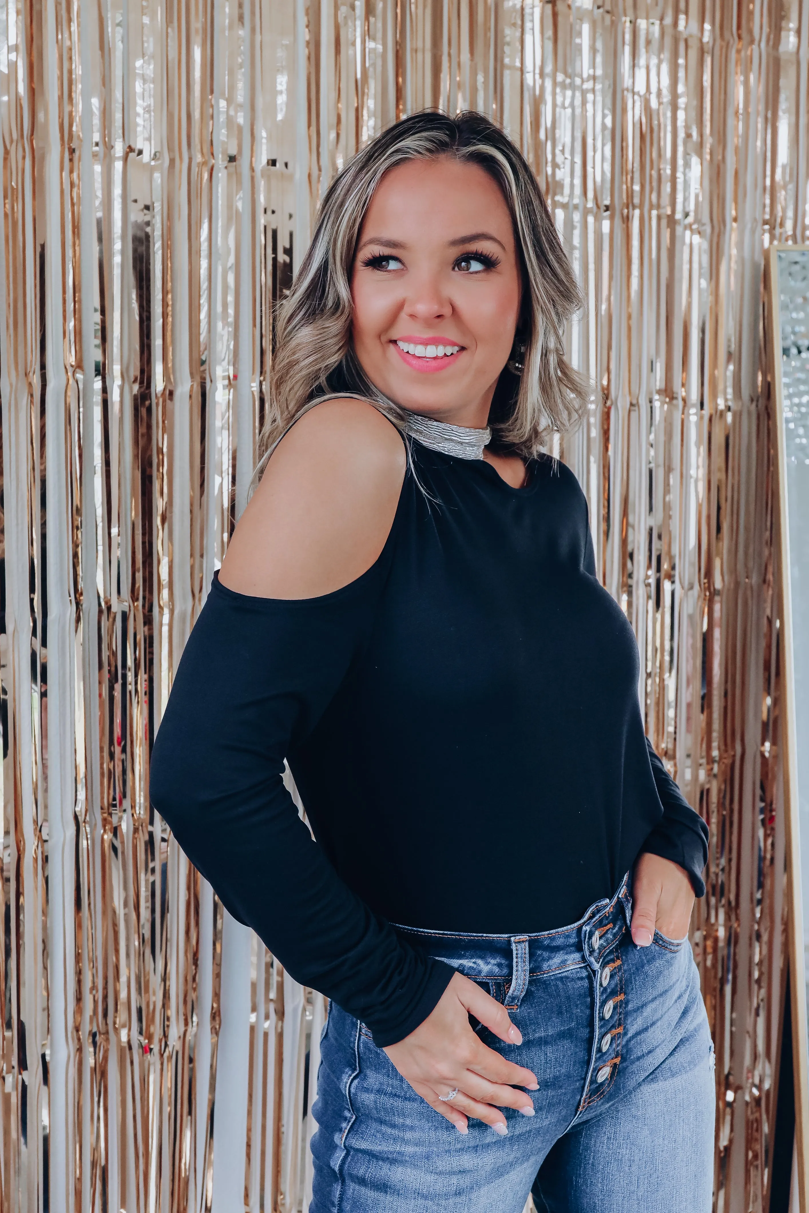 Crinkle Shimmer Neck Cold Shoulder Top - Black