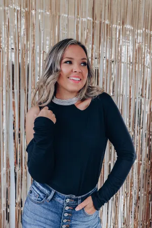 Crinkle Shimmer Neck Cold Shoulder Top - Black