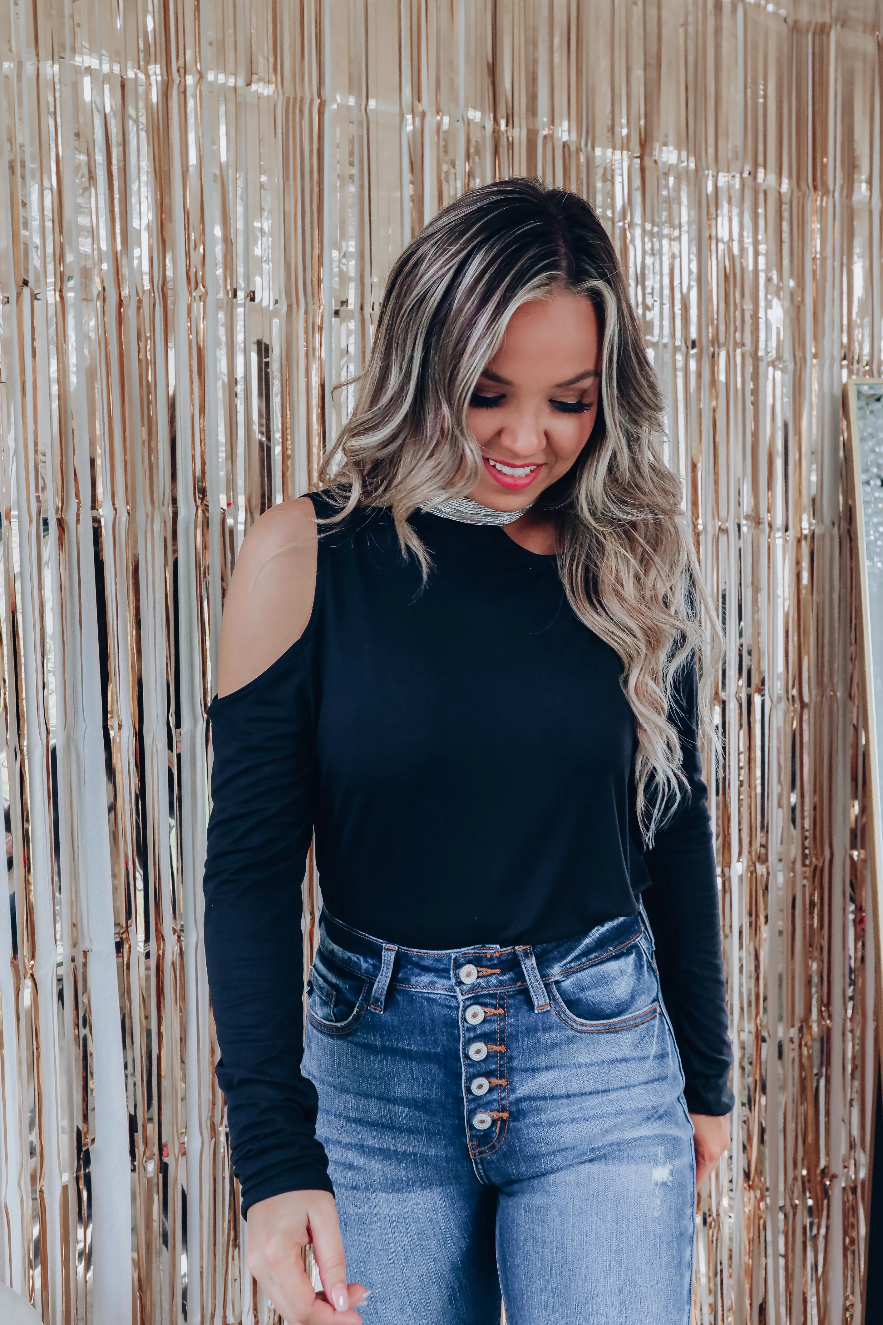 Crinkle Shimmer Neck Cold Shoulder Top - Black