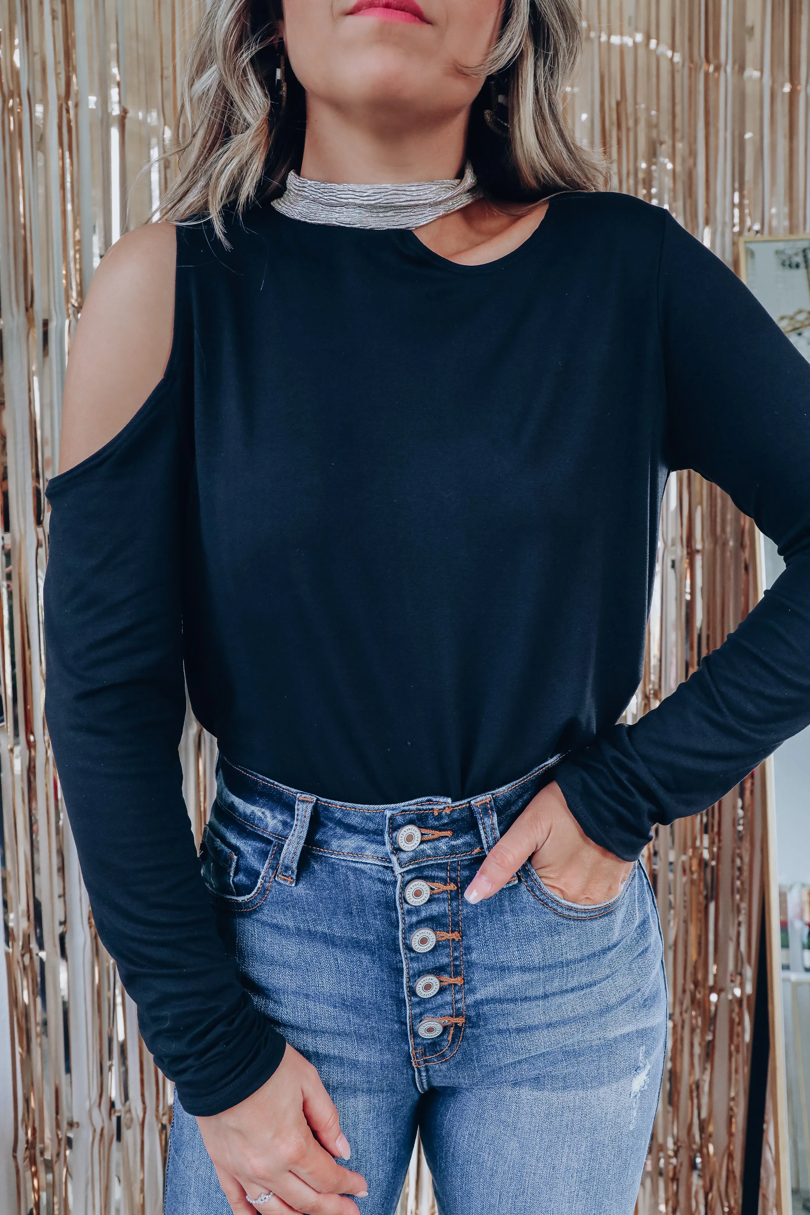 Crinkle Shimmer Neck Cold Shoulder Top - Black