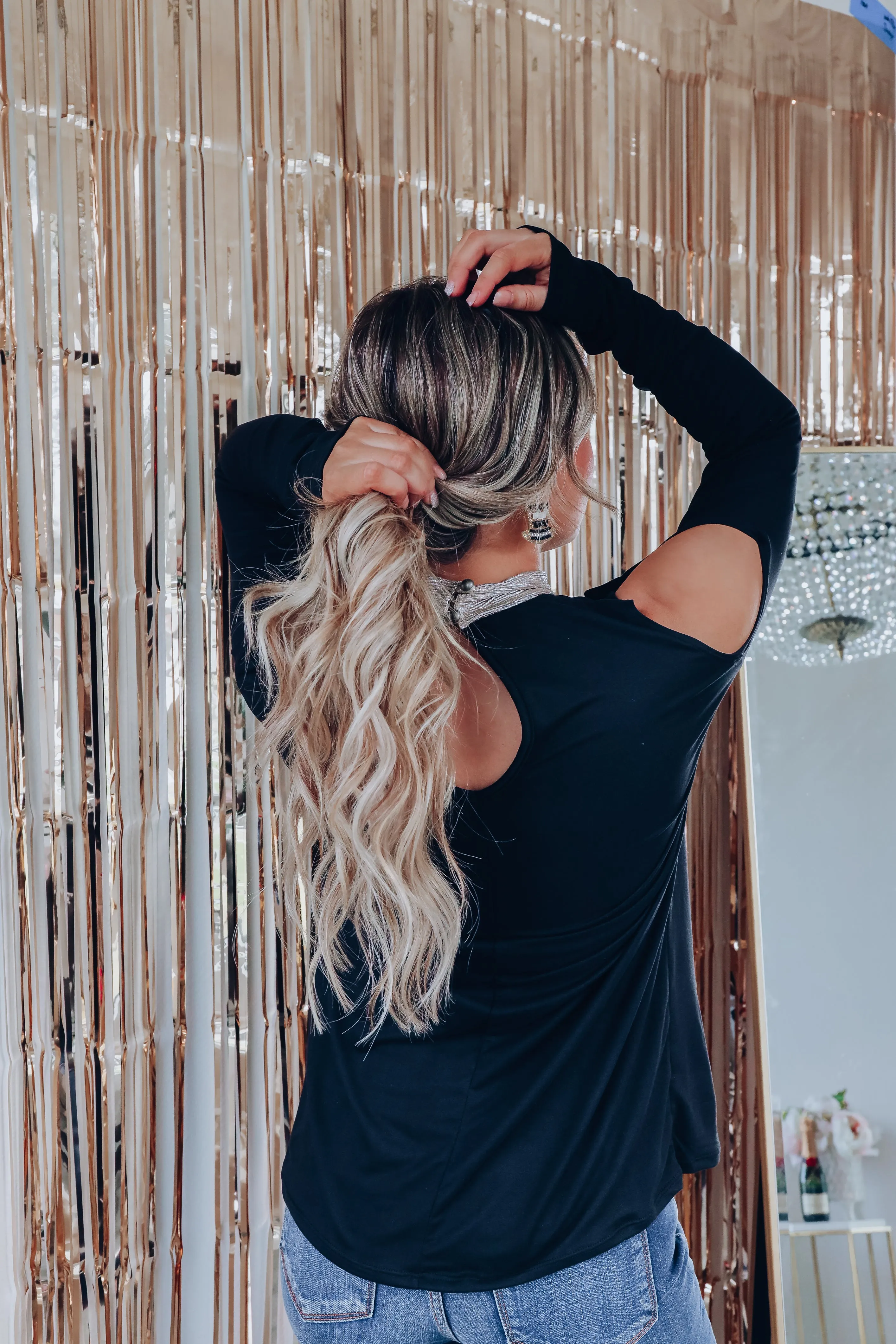 Crinkle Shimmer Neck Cold Shoulder Top - Black