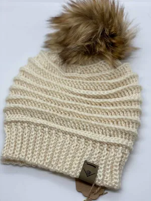Crochet Faux Fur Pompom Beanie  - Cream (All Sizes)